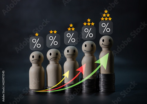 Wooden doll with moody face and yellow star Evaluation and satisfaction of customers with products and services. and investment, savings, debentures and dividends. Communicate the improvement .