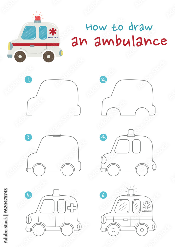 How to draw ambulance vector illustration. Draw ambulance car step by