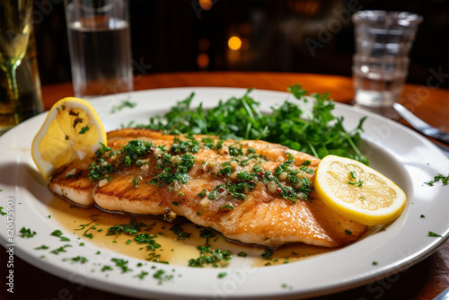 almon sole meuniere with lemon. fillet of red fish. steak trout fried with butter, lemon and parsley sauce