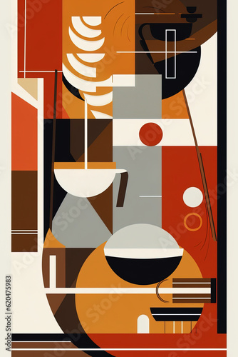 Coffee, Bauhaus style background, trendy 20s geometric design poster design, generative AI digital art.