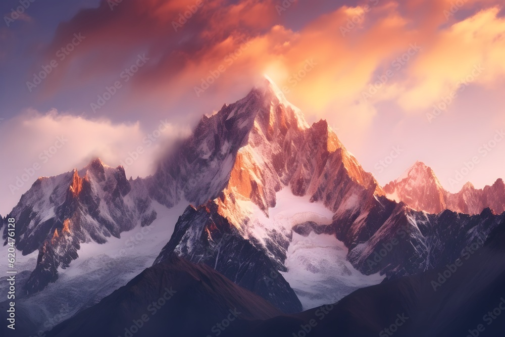 Awe-inspiring grandeur of a snow-capped mountain range at sunrise - Generative AI