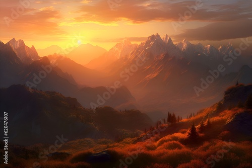 Image of a majestic mountain range during sunset - Generative AI