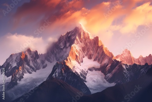 Awe-inspiring grandeur of a snow-capped mountain range at sunrise - Generative AI © Syed