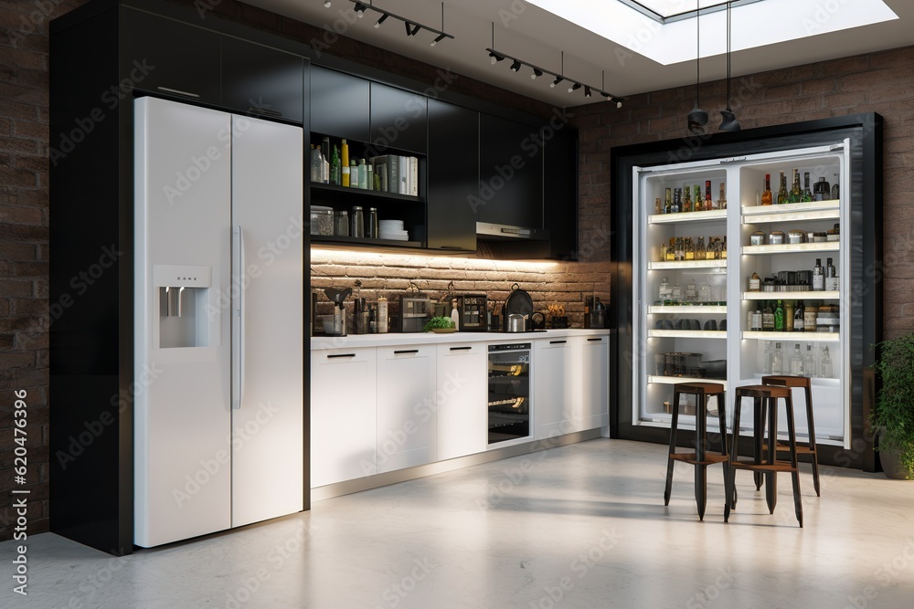 Sleek Culinary Hub: Modern Kitchen with Display Fridge as a Stylish Centerpiece, 
Modern Kitchen, Fridge, Display, Culinary Hub, Sleek Design, Stylish, Kitchen Interior,