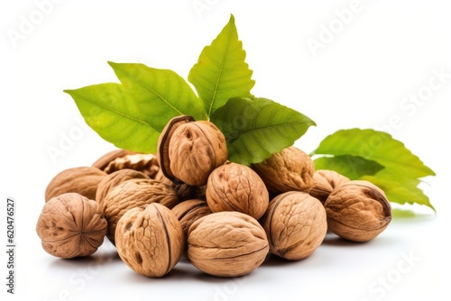 Fresh walnut with leaves isolated on white background