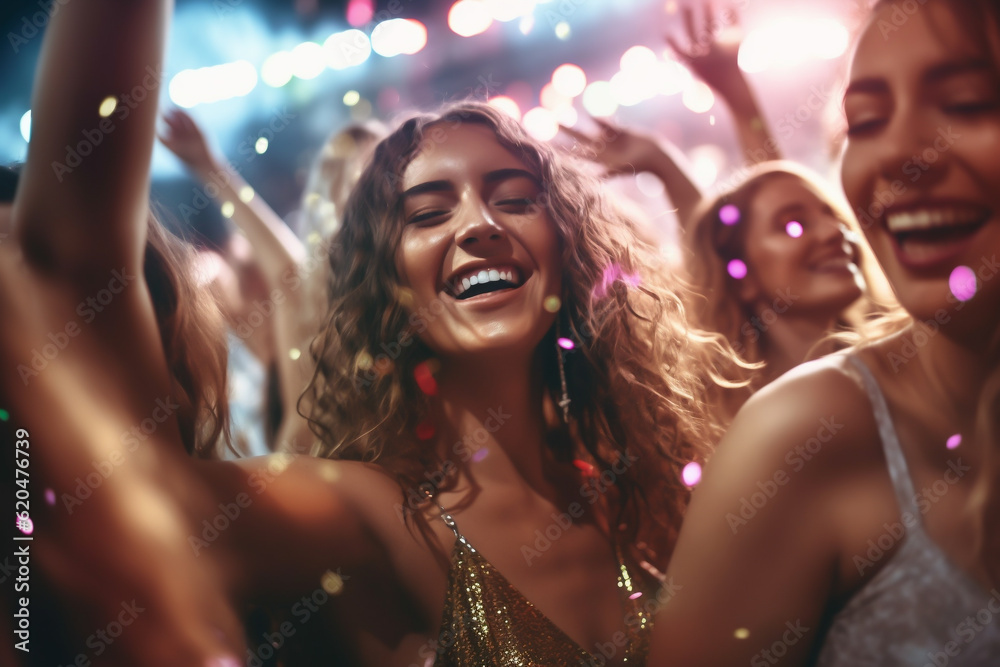 Group of young women or teenagers celebrate exuberantly and extatically at party, concert and festival - Theme Youth, Celebration, Concert or Festival - Generative AI