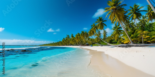 Dream tropical beach with palm trees  sea  blue sky and shallow surf waves - Theme Travel  Vacation or Travel Agency - Generative AI