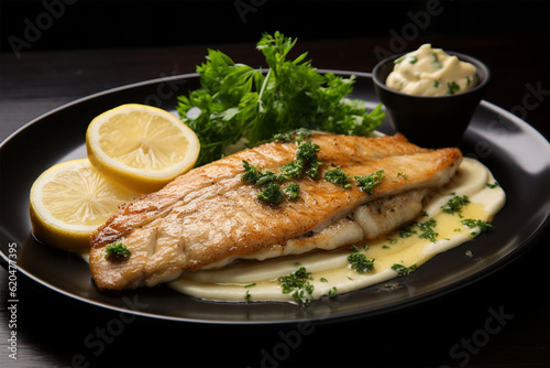 almon sole meuniere with lemon. fillet of red fish. steak trout fried with butter, lemon and parsley sauce