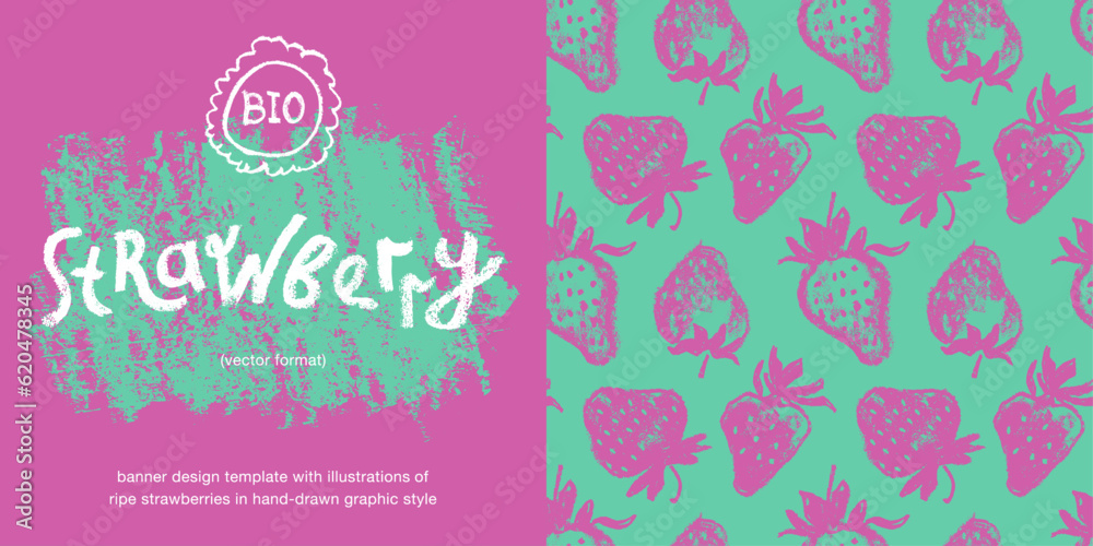 Banner design template with hand drawn illustrations of ripe strawberries vector. Strawberry pattern seamless. Red berries for vegan banner, juice, jam label design. Strawberry smoothie background. Banner design template with hand drawn illustrations of ripe strawberries vector. Strawberry pattern seamless. Red berries for vegan banner, juice, jam label design. Strawberry smoothie background.