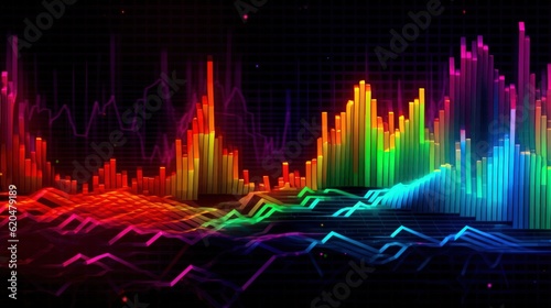 Visualization of sound waves. Abstract futuristic background with colorful glowing neon moving high speed wave lines and bokeh lights. Data transfer concept. Fantastic wallpaper. Generative AI