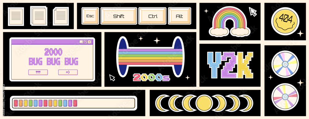 Set of different stickers, open computer windows, buttons in 2000s aesthetics, Y2K labels, decorative design elements. Set of different stickers, open computer windows, buttons in 2000s aesthetics, Y2K labels, decorative design elements.