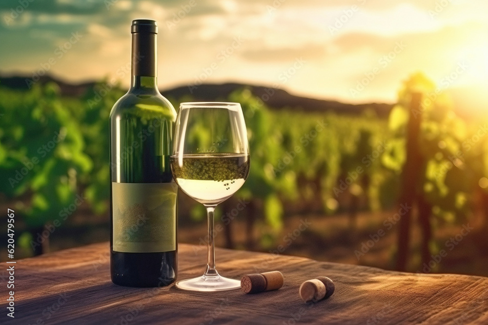 Fototapeta premium Bottle and wine glass in the vineyard