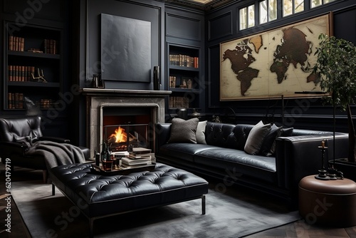 A modern living room with a spacious black sofa. AI ©  Creative_studio