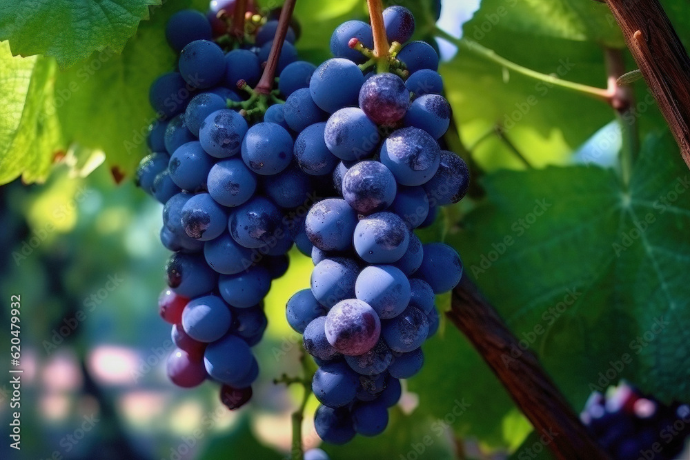 Ripe juicy blue grapes bunch in a vineyard