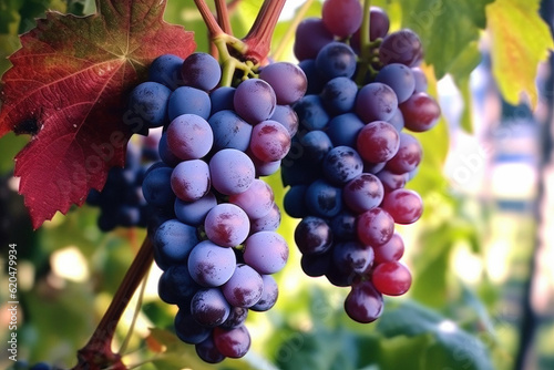 Ripe juicy blue grapes bunch in a vineyard