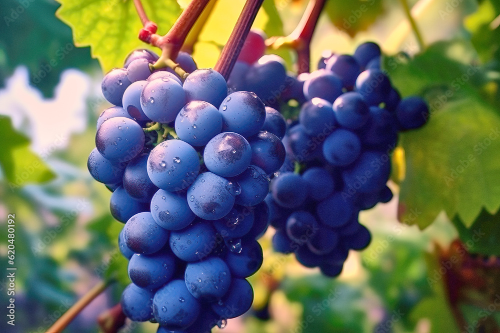 Ripe juicy blue grapes bunch in a vineyard