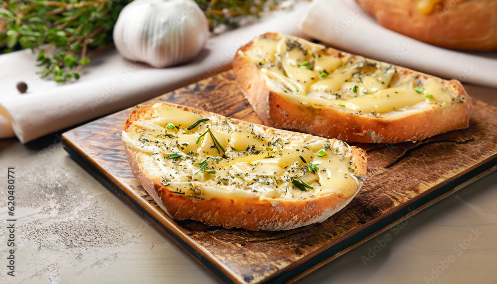 Tasty bread with garlic, cheese and herbs on kitchen table Tasty bread with garlic, cheese and herbs on kitchen table