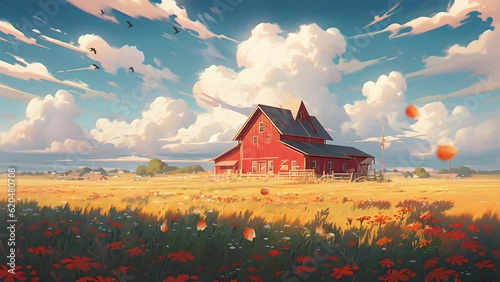 An abandoned red barn in a meadow under a sky filled with billowing clouds, anime background, loop animation photo