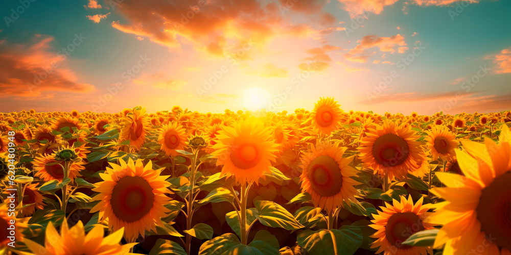 Fototapeta premium Vibrant sunflower field stretching as far as the eye can see, petals reaching towards the sun Generative AI