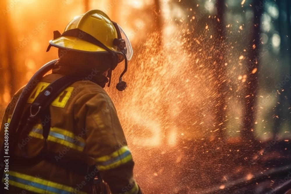 Brave firefighter while putting out a forest fire Brave firefighter while putting out a forest fire