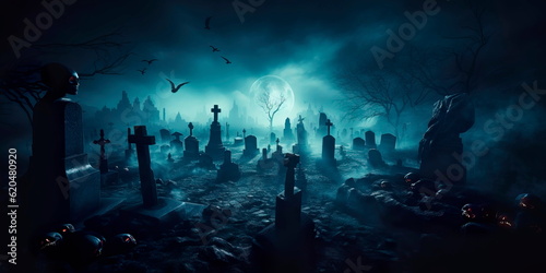dark and mysterious Halloween background with a haunted cemetery, glowing tombstones, and wisps of ghostly mist. Generative AI