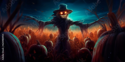 bone-chilling Halloween background with a haunted cornfield, scarecrows, and glowing eyes peering from the darkness. Generative AI