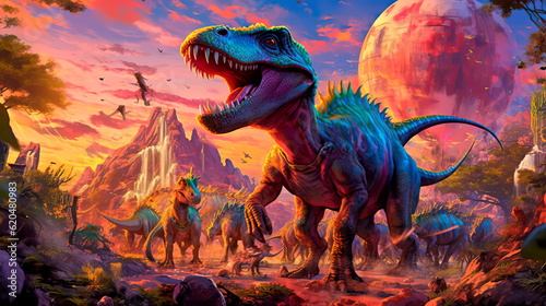 cartoon dinosaurs embarking on an exciting archaeological expedition.