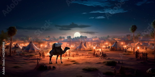 desert scene during Ramadan, with a crescent moon shining above, camels, and tents for breaking the fast in a traditional setting. Generative AI