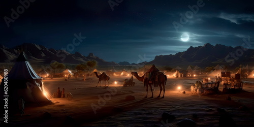 desert scene during Ramadan, with a crescent moon shining above, camels, and tents for breaking the fast in a traditional setting. Generative AI photo