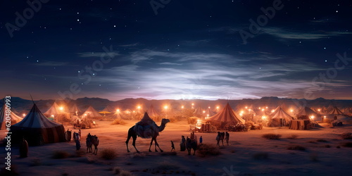 desert scene during Ramadan, with a crescent moon shining above, camels, and tents for breaking the fast in a traditional setting. Generative AI