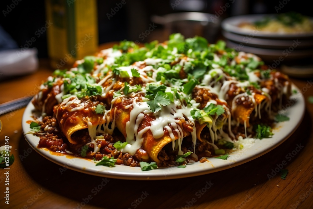 A delicious plate of enchiladas on a table. AI