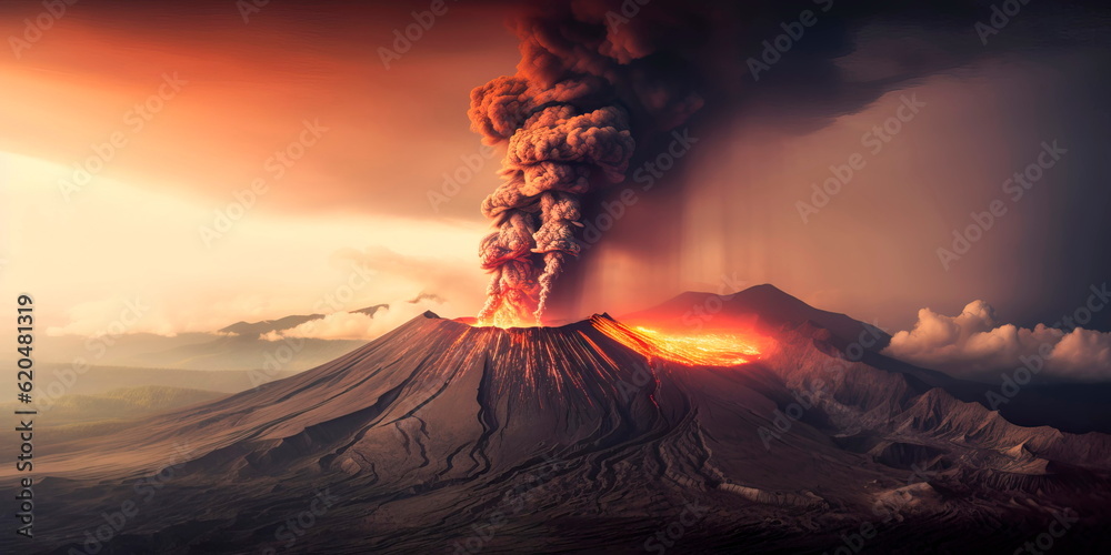volcano with smoke billowing up and lava pouring out of a volcanic crater.