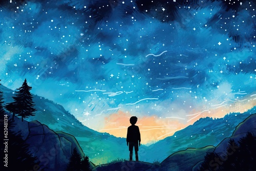 A young boy gazing at the starry night sky