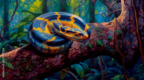 yellow python coiling around a tree in a rainforest.