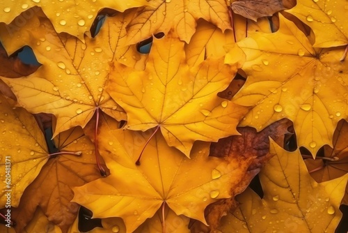 Texture of yellow maple leaves with raindrops