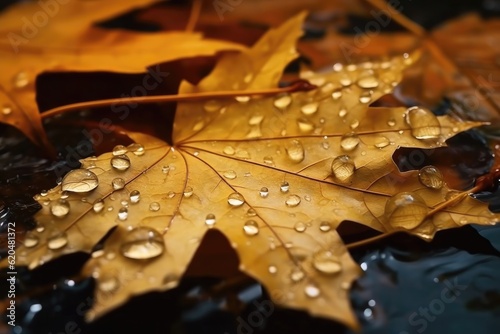 Texture of yellow maple leaves with raindrops