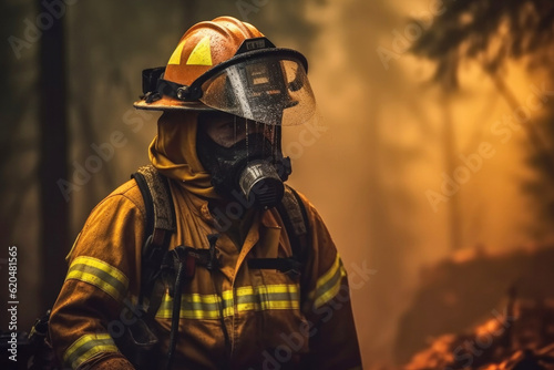 Brave firefighter while putting out a forest fire