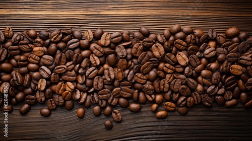 Coffee beans on a wooden background, top view and copy space © twilight mist
