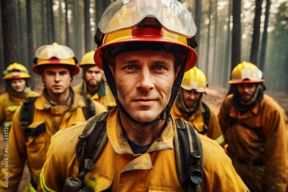 Team of brave firefighters while putting out a forest fire Team of brave firefighters while putting out a forest fire