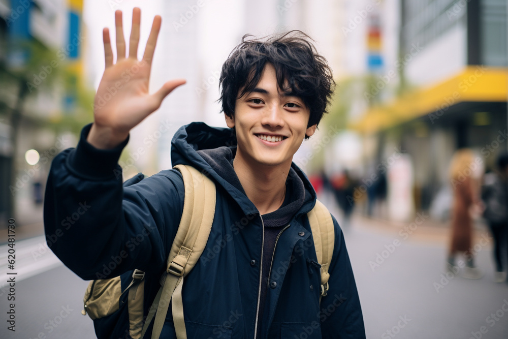 Fototapeta premium 笑顔で手を振る男性(AI生成)