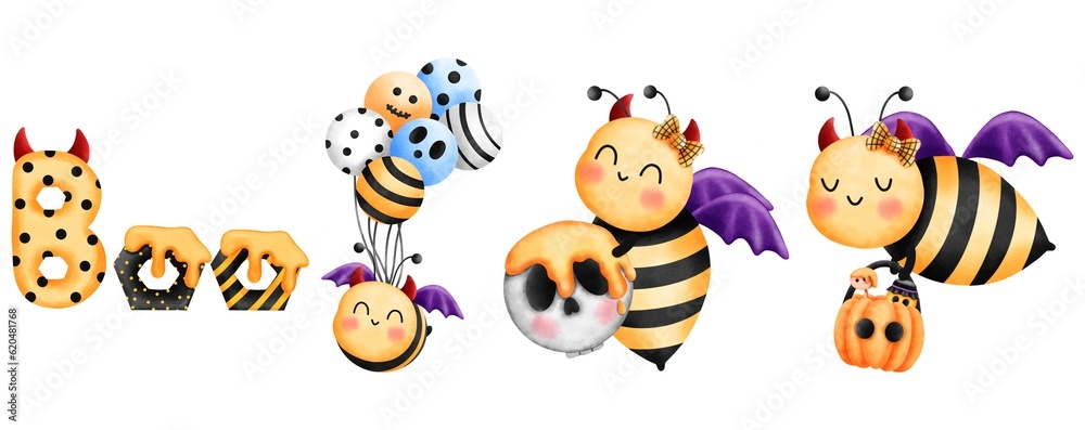 Fototapeta premium Spooky and cute halloween bees costume with purple wings and red horns,boo letters,colorful balloons and halloween pumpkin basket with honey.