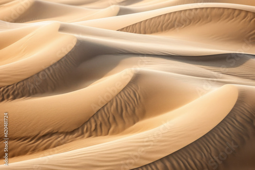 Textured sand dunes in a desert, captured from an aerial or close-up perspective, showcasing the magnificent natural formations and patterns of the sandy landscape. Generative AI.