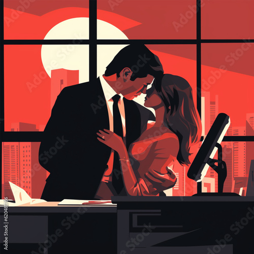 Love affair at work in office, love between office employees, romance and business, vector flat illustration.