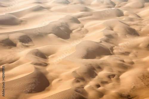 Textured sand dunes in a desert, captured from an aerial or close-up perspective, showcasing the magnificent natural formations and patterns of the sandy landscape. Generative AI.