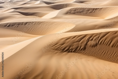 Textured sand dunes in a desert, captured from an aerial or close-up perspective, showcasing the magnificent natural formations and patterns of the sandy landscape. Generative AI.