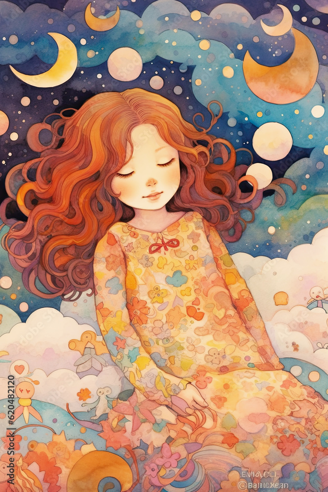 Fototapeta premium Whimsical Children's Painting Children's Book Illustration Cosmic Art and Textile Illustration Inspire Colorful soft pastels and dreamy 