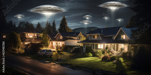 Alien invasion in the suburb of an American residential neighborhood. Generative AI illustration
