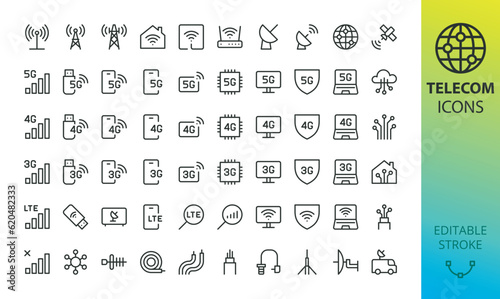 Telecommunication icons set. Set of communication tower, satellite dish, antenna, 3G, 4G, 5G network, wifi access point, pigtail, LTE usb modem, mast, signal, sim card, internet router, optical fiber