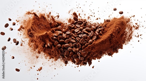 Coffee powder and coffee beans splash or explosion flying in the air isolated on white background