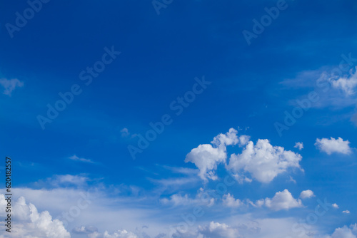 Group of small white fluffy and soft clouds on blue sky. Some cloud shaping look like a Dodo bird. Background with copy space for meteorology presentation or natural and environment concept.